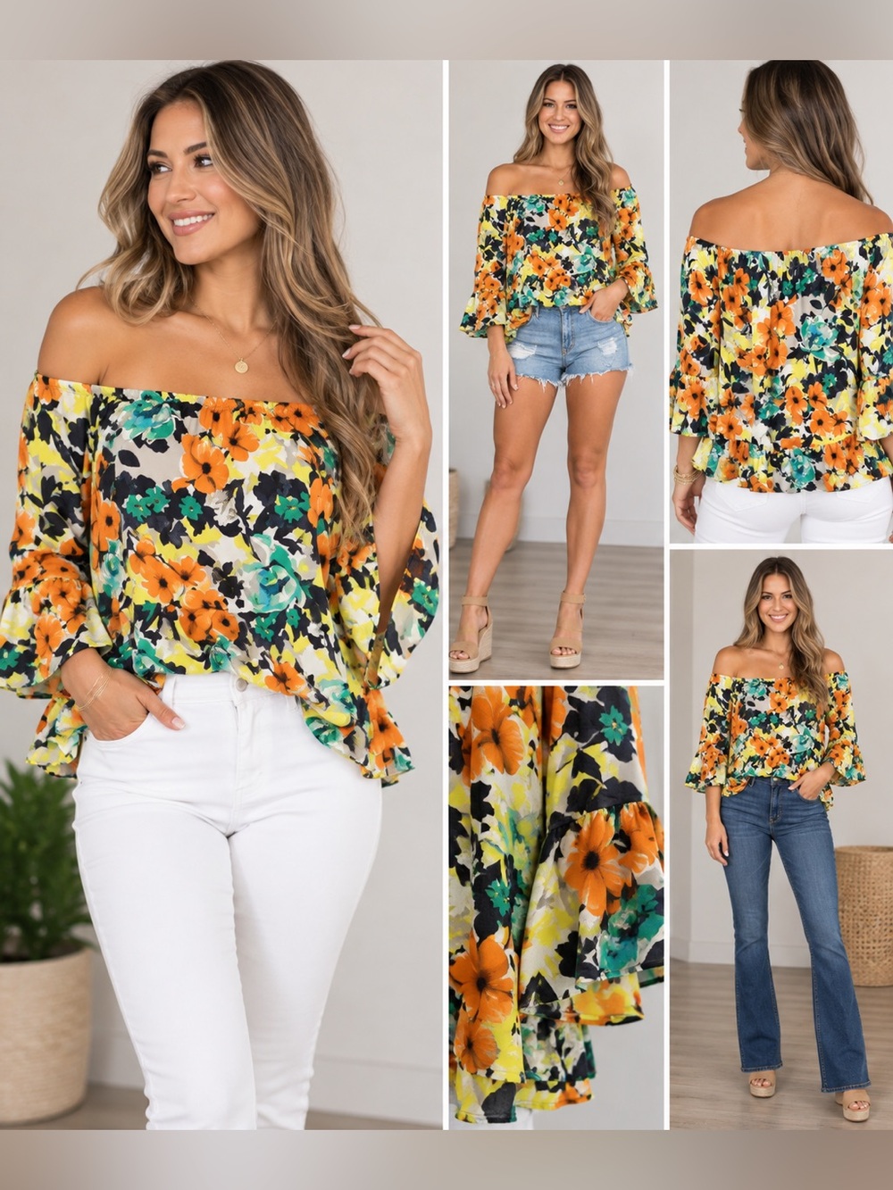 Eight Sixty Poppy Garden Top in Yellow
& Orange floral off the‎ shoulder blouse
